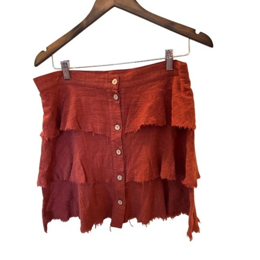 Very J Rust Orange Cotton Gauze Tiered Ruffle Mini Skirt Button Front Boho L